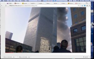 A Richard Drew photo from his position on the street. The beveling, the low angle: 'The Falling Man' is an impossible image.