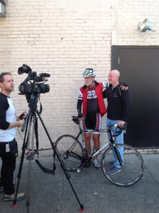 Drew and I speaking to the media in 2015 after I finished peddling the last 50 mile stretch of the 4.140 mile Trek for Truth (backpacked 1,000 and peddled the rest).