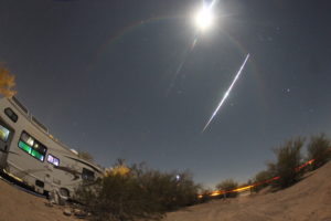 This was yesterday, Feb. 4th, 8 PM. This is no doubt a meteor. (A 10 second exposure but the burn could have taken less time; no way of telling.)